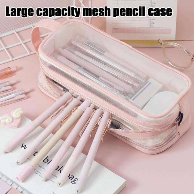 Large Grid Mesh Pencil Case 2 Compartment Pen Bag Clear Handheld  Multifunction Pencil Pouch Transparent MakeupBag for Teen Adult - AliExpress